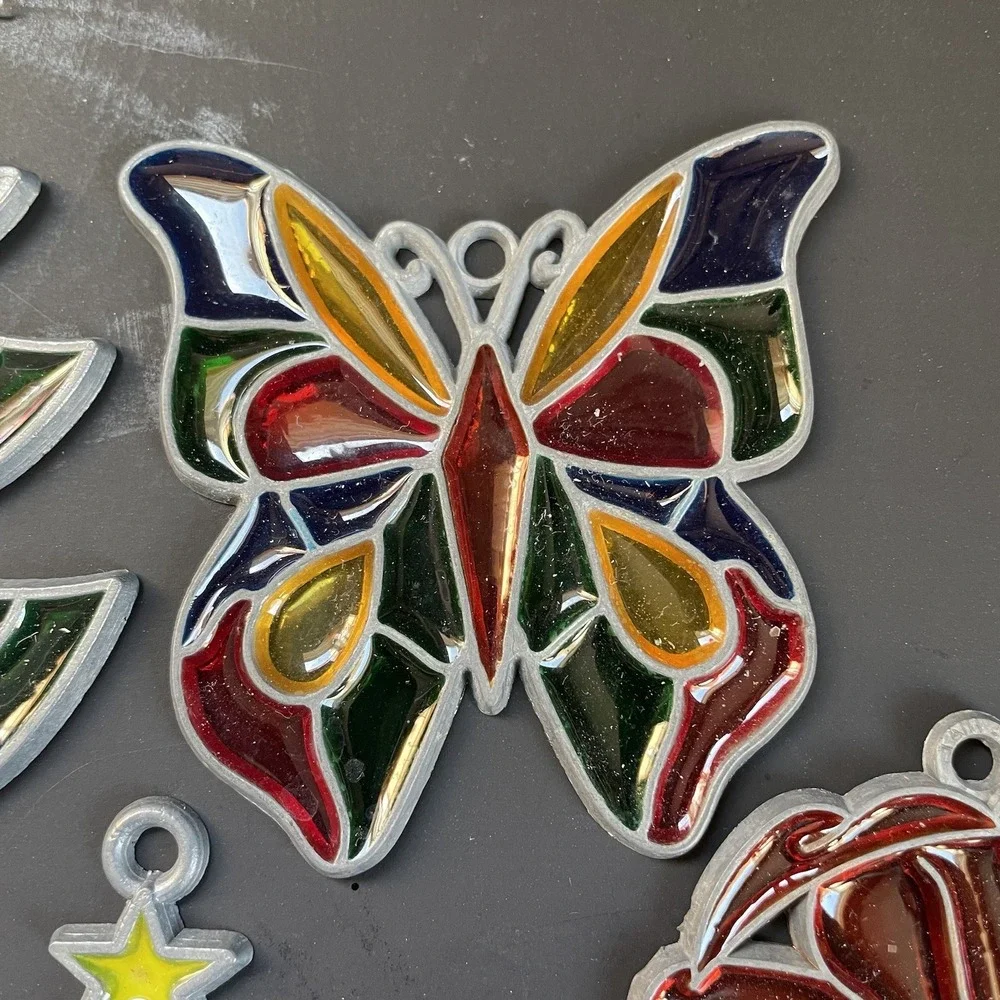 Vtg Lot‎ of 5 Faux Stained Glass Sun Catcher Christmas Window Ornaments Tree